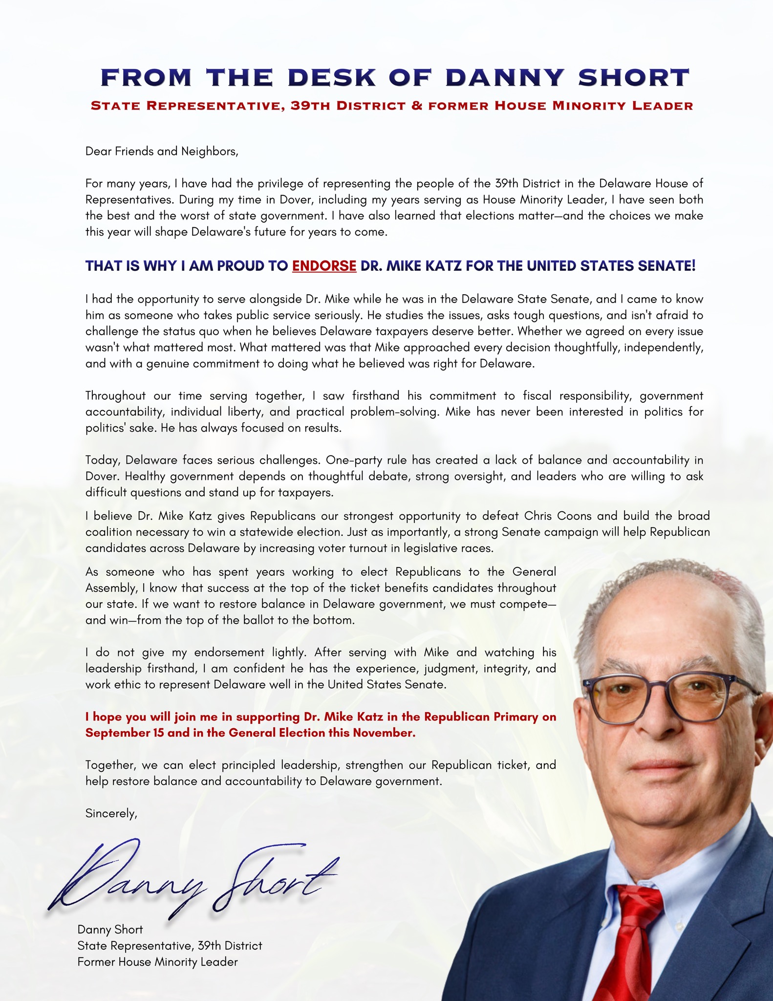 State Rep. Danny Short endorses Dr. Mike Katz