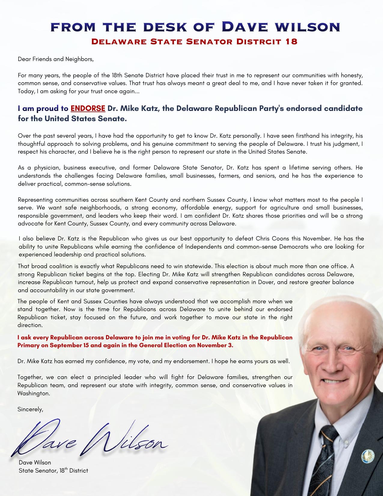 State Senator Dave Wilson endorses Dr. Mike Katz